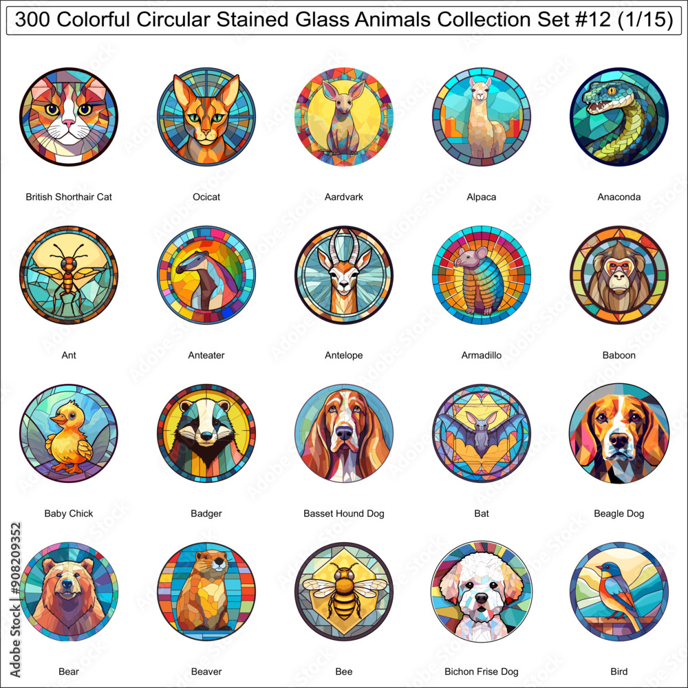 Colorful Circular Stained Glass Animals Bundle Collection Set of 300 Animal Stickers Part 1 Colorful Circular Stained Glass Animals Bundle Collection Set of 300 Animal Stickers Part 1