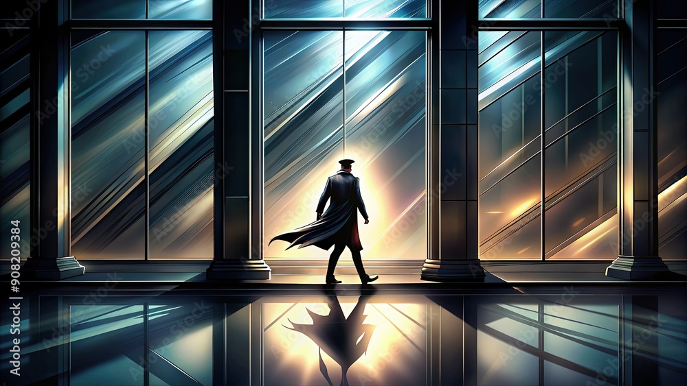 Fototapeta premium A lone figure stands before a large window in a modern building.