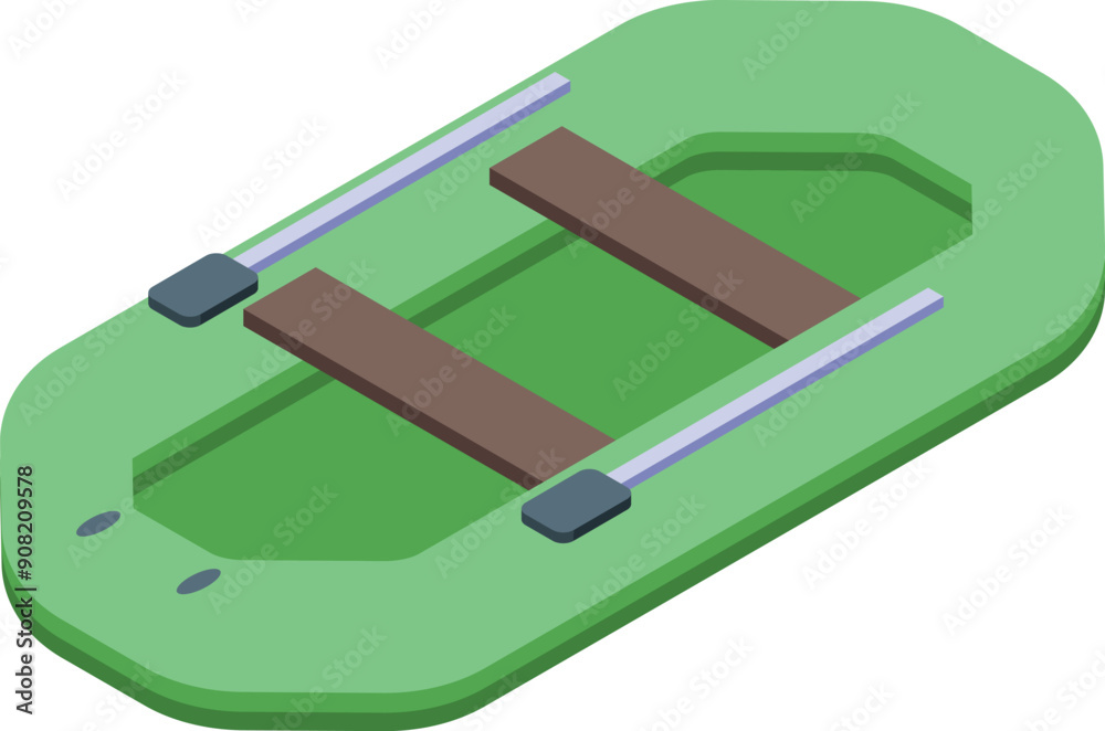 Green inflatable rubber boat with wooden seats on a white background, isometric view Green inflatable rubber boat with wooden seats on a white background, isometric view