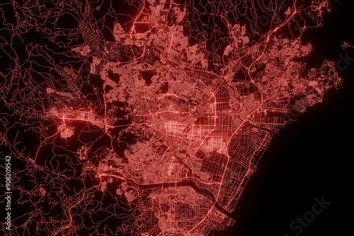 Street map of Sendai (Japan) made with red illumination and glow effect. Top view on roads network. 3d render, illustration