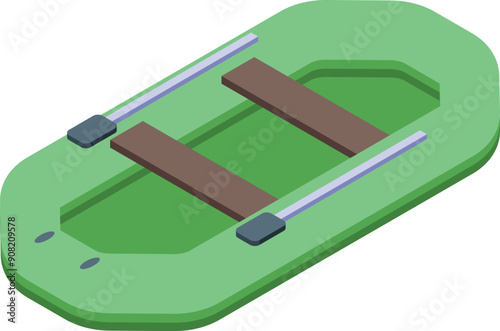 Green inflatable rubber boat with wooden seats on a white background, isometric view