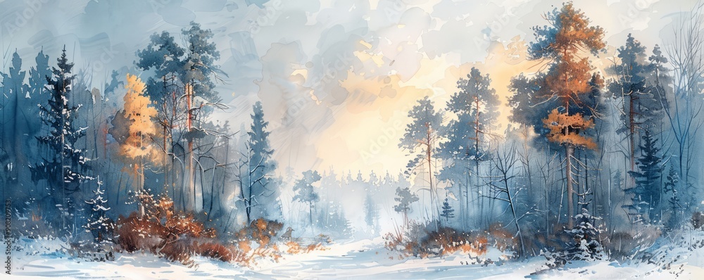 Fototapeta premium Abstract snowy woods in watercolor on white.