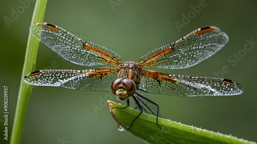 Dragonfly in perfect stillness on a blooming flower