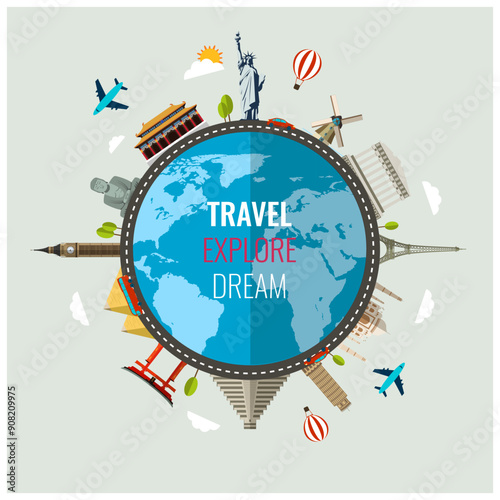Travel composition with famous world landmarks. Vector Illustration