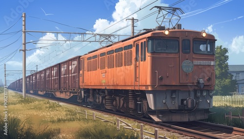 Freight train moving on the railway. Locomotive for transporting goods in wagons.