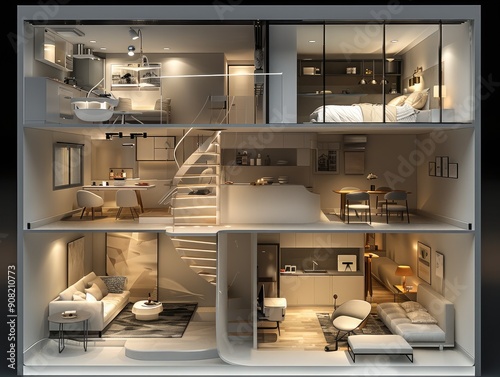 3D model of a home showing the layout and features of an apartment with one bedroom, a kitchenette area for cooking, a bathroom, a living room area, a simple design, a minimalistic style.