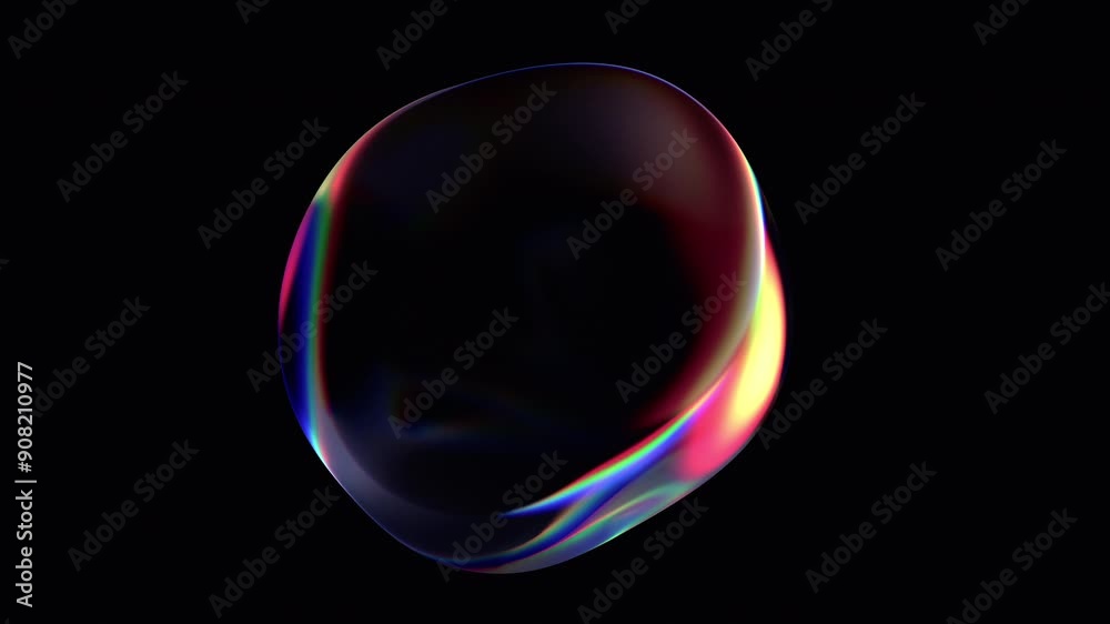Abstract animation of iridescent bubble on black background, 4k looping video, 3d render