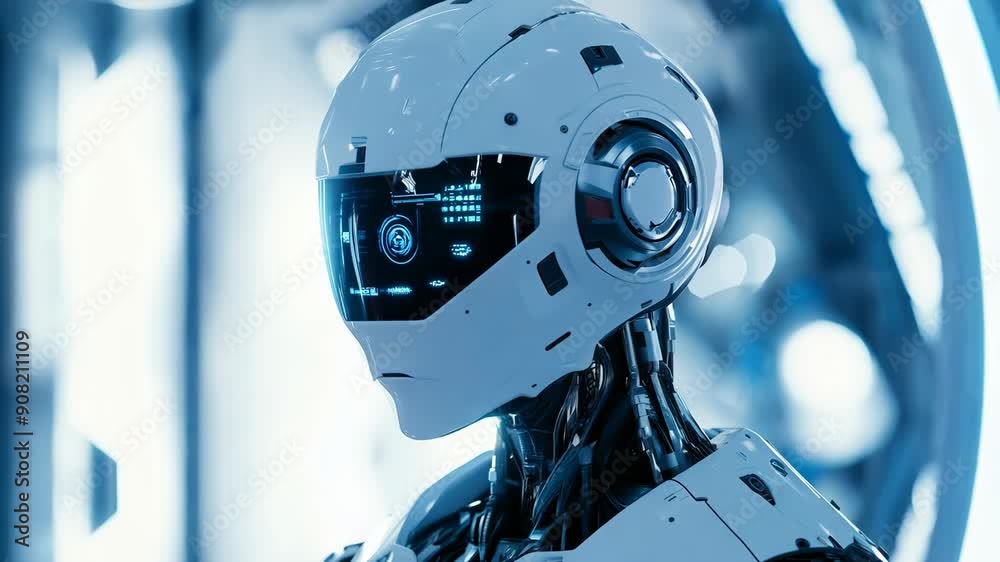 Futuristic humanoid robot with digital interface. Future AI technology ...