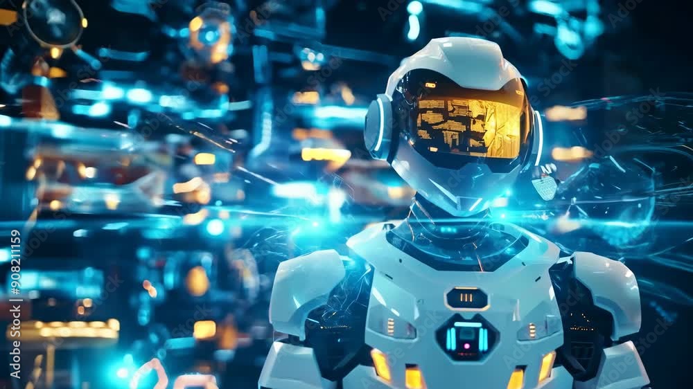 Futuristic humanoid robot with digital interface. Future AI technology ...