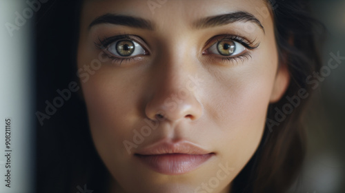 A beauty portrait of a young Latina woman with radiant eyes looking at the camera.