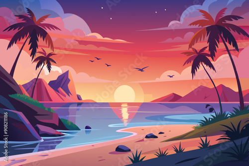 A landscape of beach at sunset vector illustration