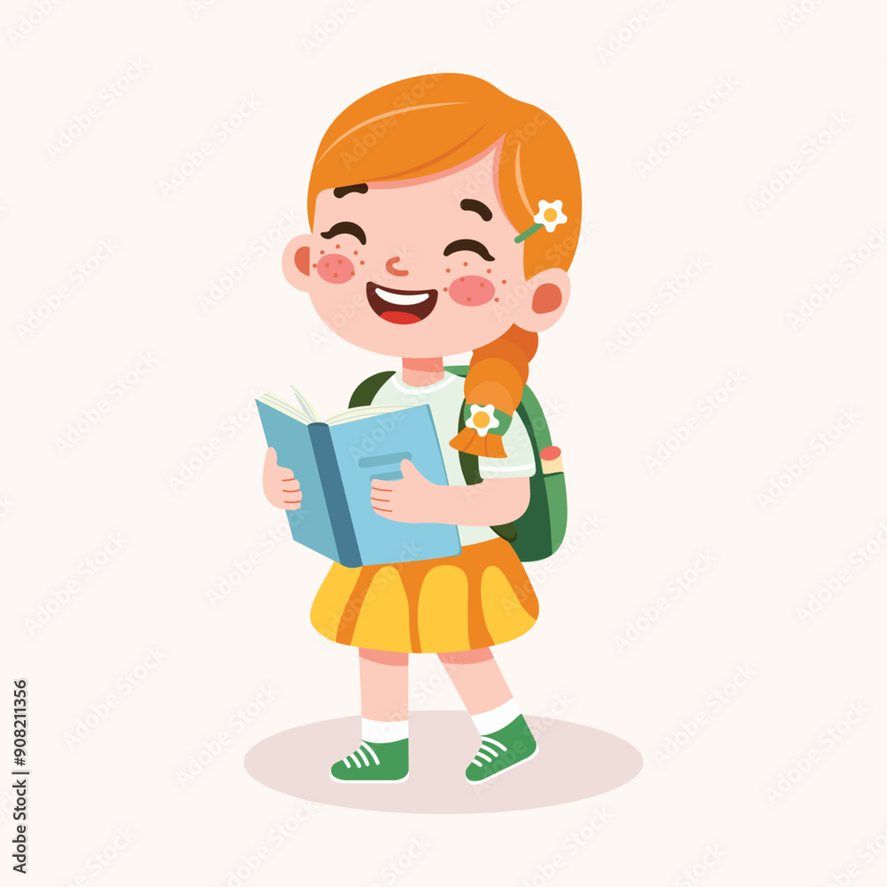 Cute red hair girl with freckles a pigtail are happy with backpack and books. Back to school concept. Vector illustration in flat cartoon style Cute red hair girl with freckles a pigtail are happy with backpack and books. Back to school concept. Vector illustration in flat cartoon style