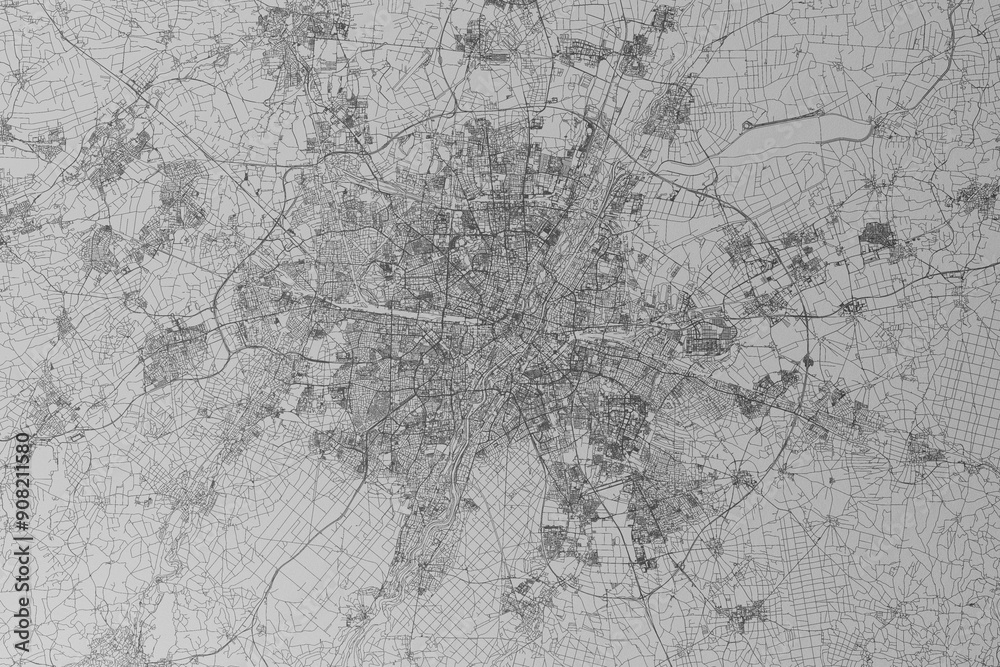 Fototapeta premium Map of the streets of Munich (Germany) made with black lines on grey paper. Top view. 3d render, illustration
