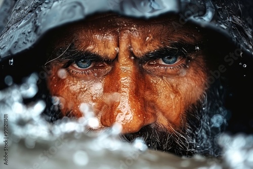 An outdoorsman with intense blue eyes and a thick beard, in a black hooded coat, stands against a serene water backdrop on a calm day, exuding strength and resilience in the wilderness
