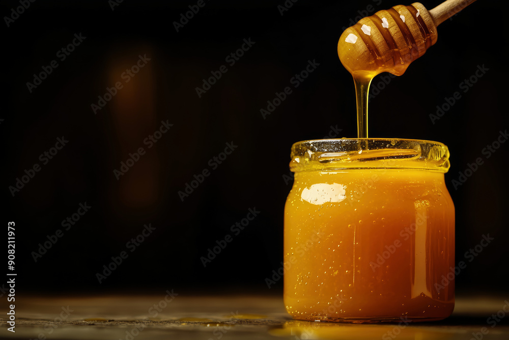 Honey in a glass jar with honey dipper on rustic wooden table background. Copy space. Honey in a glass jar with honey dipper on rustic wooden table background. Copy space.