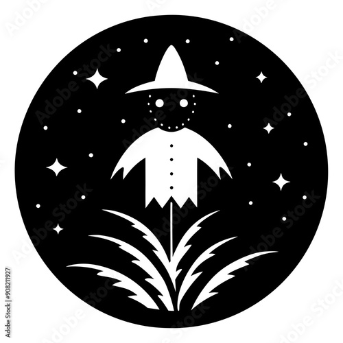 A spooky scarecrow in a cornfield under a starry night sky