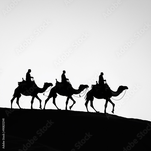 Artistic black and white silhouette of a camel caravan journeying through the desert, perfect for cultural and travel content.