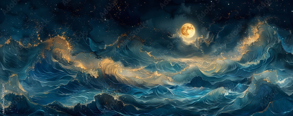 Obraz premium Abstract tidal waves with moon and stars in watercolor on white.