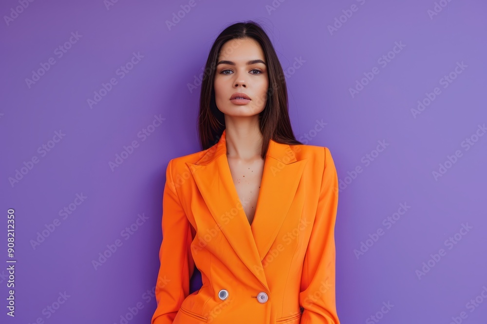 Business woman in a orange suit on a violet wall background Business woman in a orange suit on a violet wall background