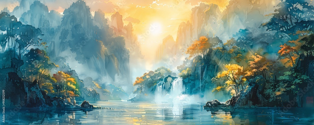 Fototapeta premium Abstract tropical paradise with a hidden waterfall in watercolor.