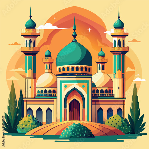 illustration of mosque, illustration of mosque in the morning, taj mahal agra country, taj mahal vector illustration, taj mahal, A colorful illustration of a mosque with palm trees and a sunset 