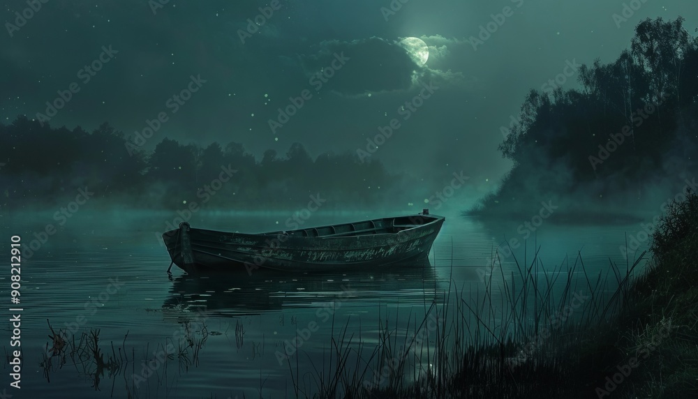 river in the sunset with a lonely boat