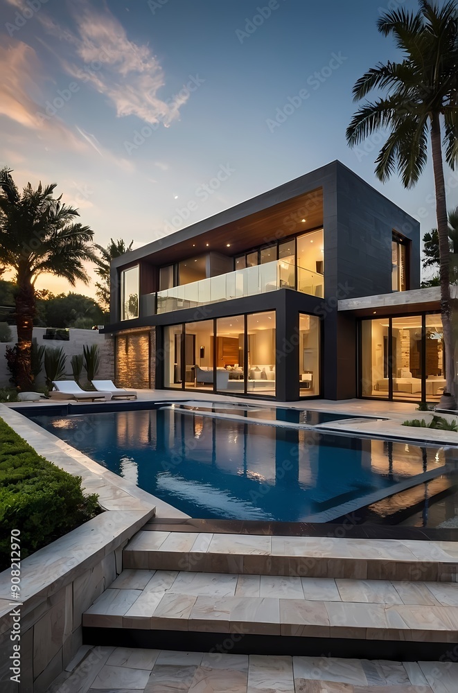 Fototapeta premium A modern villa exterior with a sleek and contemporary design with clean lines and large windows