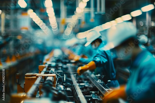 A group of blurred workers working orderly on an assembly line photo