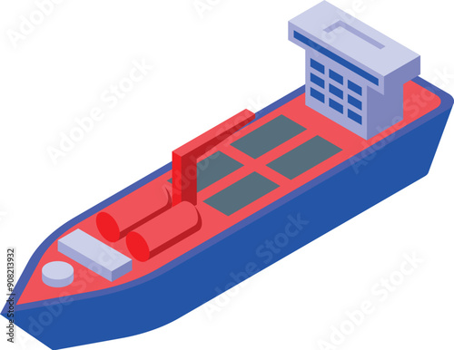 Illustration of a large red and blue oil tanker ship transporting cargo, isolated on a white background, in isometric view