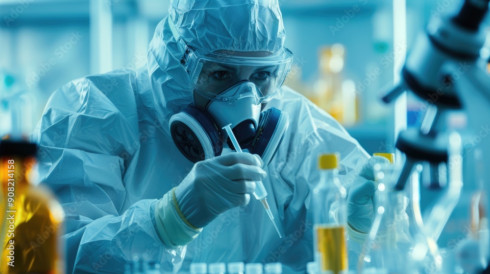 Hazmat Lab. Scientist Conducts Analysis of Virus Samples in High-Tech Biotechnology Lab Hazmat Lab. Scientist Conducts Analysis of Virus Samples in High-Tech Biotechnology Lab