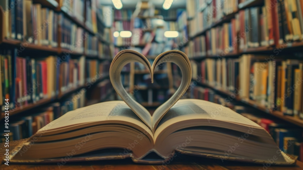 Fototapeta premium Heart On A Shelf. Closeup of an Open Book Shaped as a Heart in a Library Setting