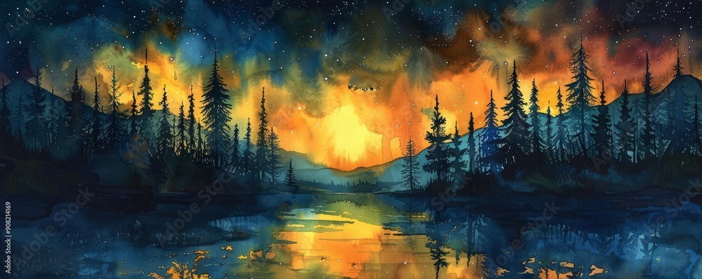 Fototapeta premium Abstract night sky with aurora borealis in watercolor.