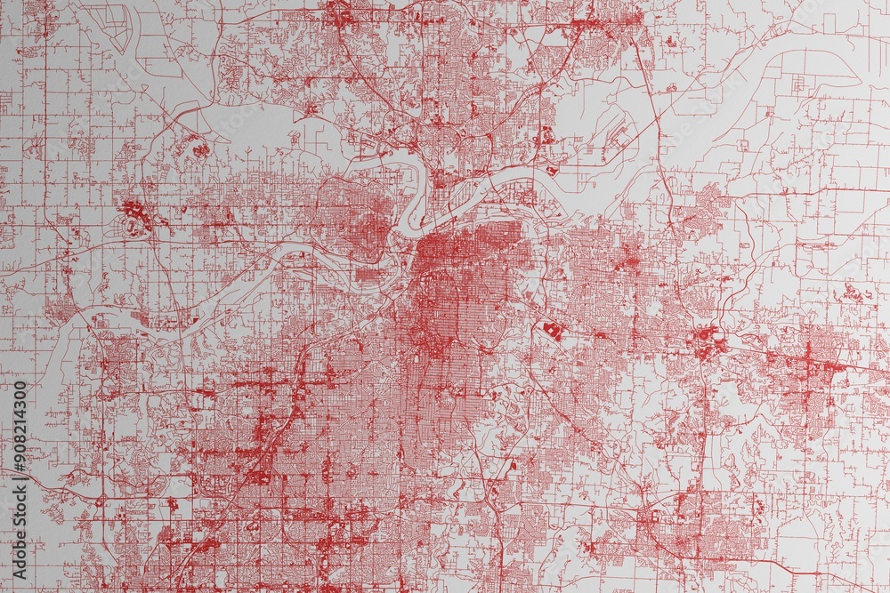 Obraz premium Map of the streets of Kansas City (Missouri, USA) made with red lines on white paper. 3d render, illustration