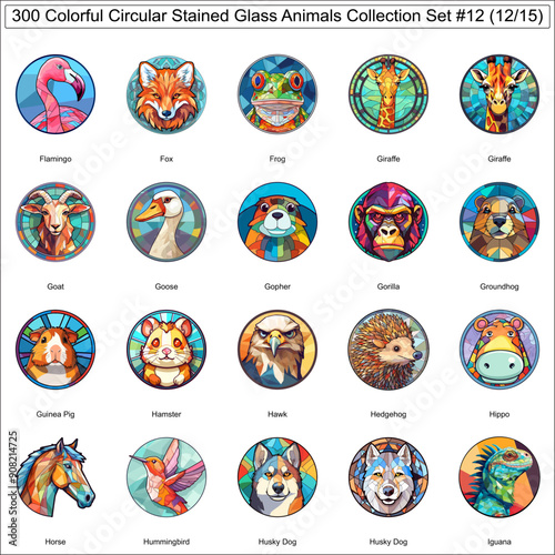 Colorful Circular Stained Glass Animals Bundle Collection Set of 300 Animal Stickers Part 12