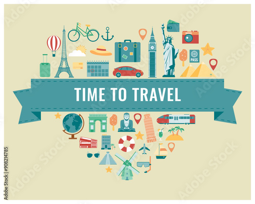 Travel composition with flat design icons. Summer background. Vector illustration