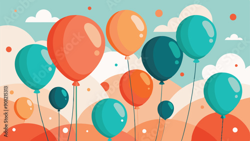 balloons floating in the sky with clouds, coral orange and turquoise balloons rising in the  sky.