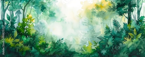 Abstract tropical rainforest with rich greens in watercolor. photo