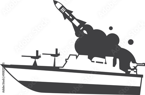 Military ship black icon. Missile launcher warship