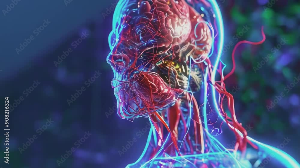 This detailed 3D rendering showcases the human brain and circulatory system, highlighting blood vessels and neural structures. The vibrant colors depict a scientific analysis in a high-tech lab This detailed 3D rendering showcases the human brain and circulatory system, highlighting blood vessels and neural structures. The vibrant colors depict a scientific analysis in a high-tech lab