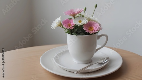 flowers around a cup filled with yogurt sitting on a plate, and on top of a table