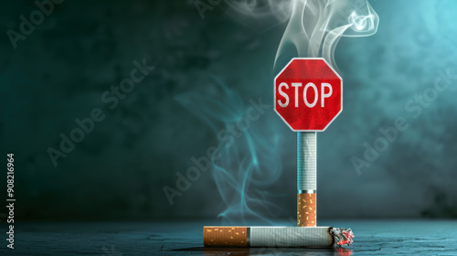 No smoking. Smoking cigarette and red stop sign on blue background. Horizontal banner. Copy space. The Great American Smokeout. World Lung Cancer Day. World no tobacco day. Bad habits, addiction