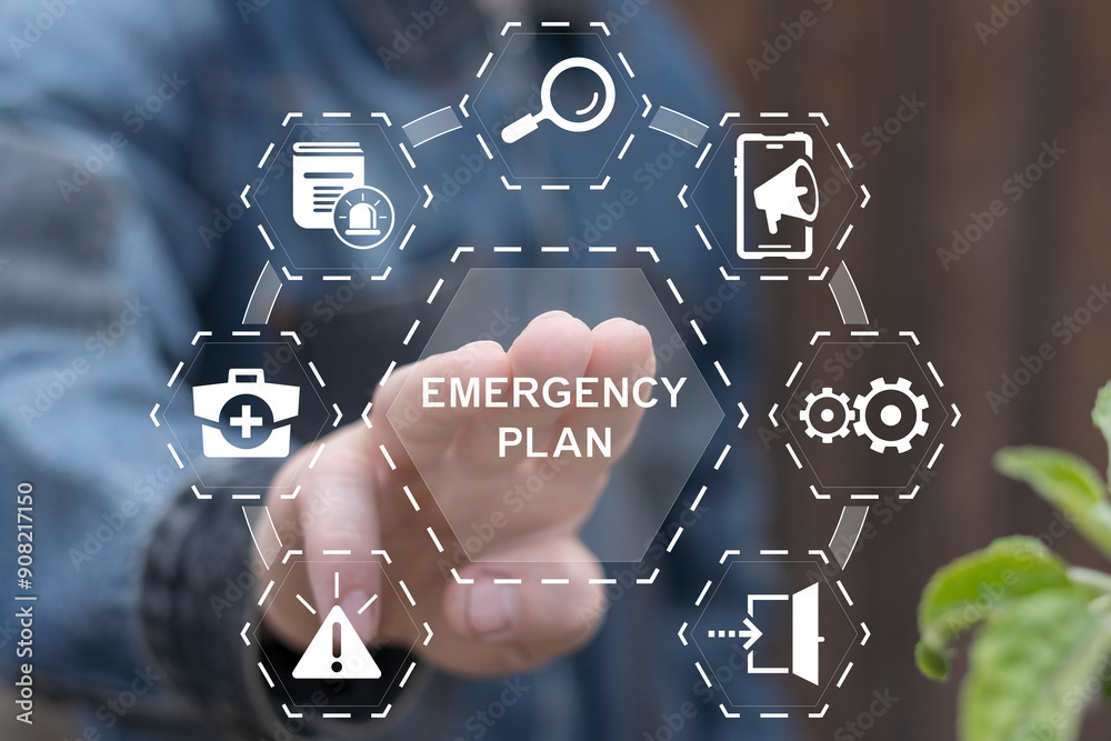 Businessman touching EMERGENCY PLAN text button to learn and prepare in emergency situation. Concept of emergency response plan. Emergency Preparedness and Training.