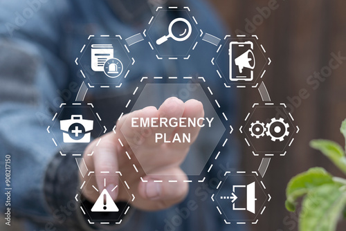 Businessman touching EMERGENCY PLAN text button to learn and prepare in emergency situation. Concept of emergency response plan. Emergency Preparedness and Training. photo