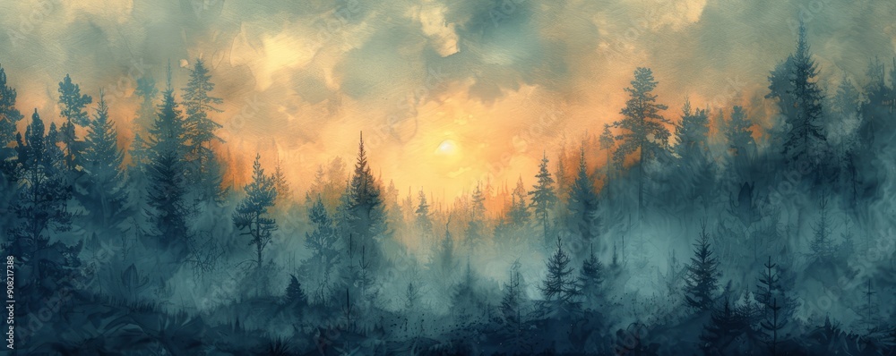 Abstract foggy morning in a dense forest in watercolor. Abstract foggy morning in a dense forest in watercolor.