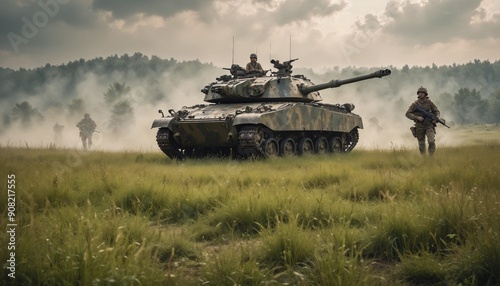 A camouflaged tank hidden among tall grass in a meadow, with soldiers beside it in uniforms blending with the terrain, creating a tense war atmosphere as they stay alert and ready for potential threat