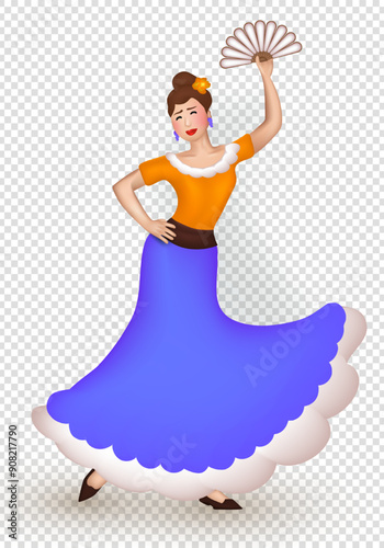 3d illustration of smiling Latin woman in long dress and a flower in her hair gracefully dancing Flamenco. Female dancer performs Street Latin dance. Fiesta concept