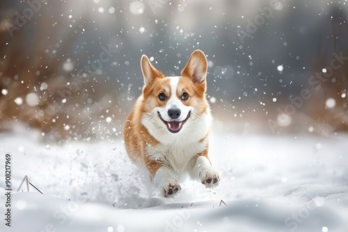 Corgi Snow: Welsh Corgi Dog Laughing in Joyful Snowy Winter Scene © Popelniushka