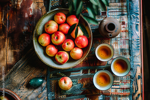 Bols de thé et corbeille de fruits, vue de dessus photo