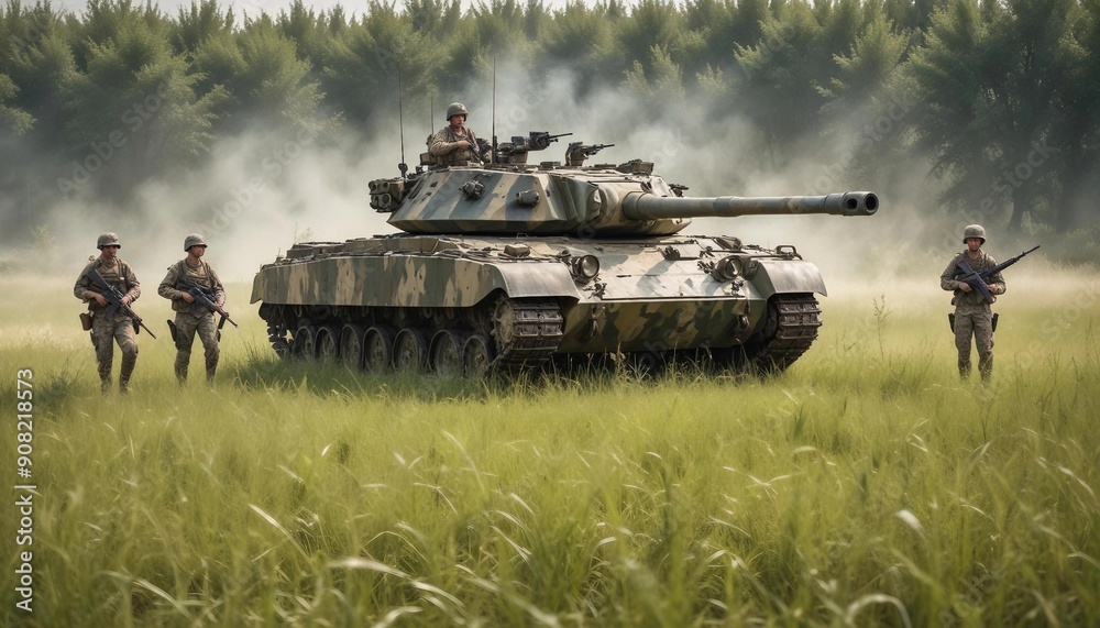 A camouflaged tank hidden among tall grass in a meadow, with soldiers beside it in uniforms blending with the terrain, creating a tense war atmosphere as they stay alert and ready for potential threat A camouflaged tank hidden among tall grass in a meadow, with soldiers beside it in uniforms blending with the terrain, creating a tense war atmosphere as they stay alert and ready for potential threat