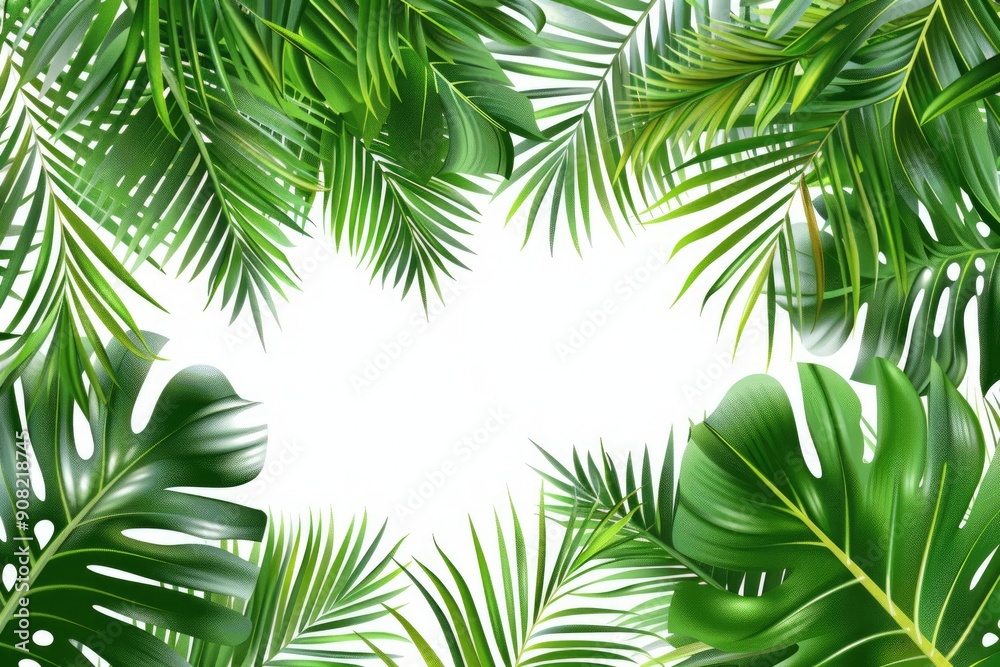 Luau Background. Frame of Tropical Jungle Foliage on White Background Luau Background. Frame of Tropical Jungle Foliage on White Background